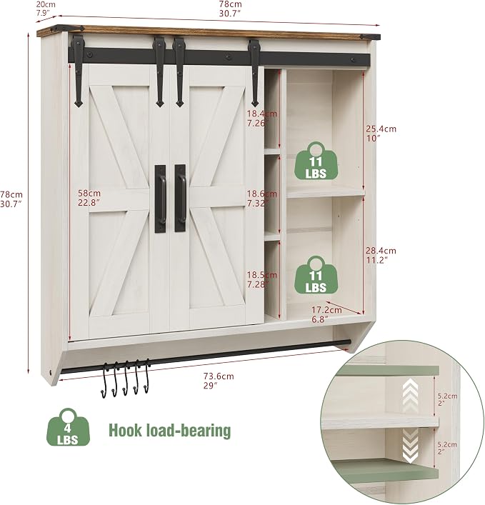 Trironsun Farmhouse Medicine Cabinet 2 Sliding Barn Doors 3 Tier Rustic Wood Wall Storage Cabinet Adjustable Shelf Towel Bar Wall Mounted Bathroom Wall Cabinet (Antique White, 30.71 Inch)
