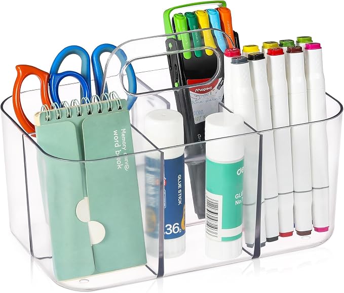 Multiuse Caddy Organizer with Handle, Portable Divided Plastic Tote Bin - Art Craft, Stationary Pen Marker Crayons, Makeup Hair Supplies Storage - Bathroom, Classroom, Dorm, Office, Desk Holder -Clear