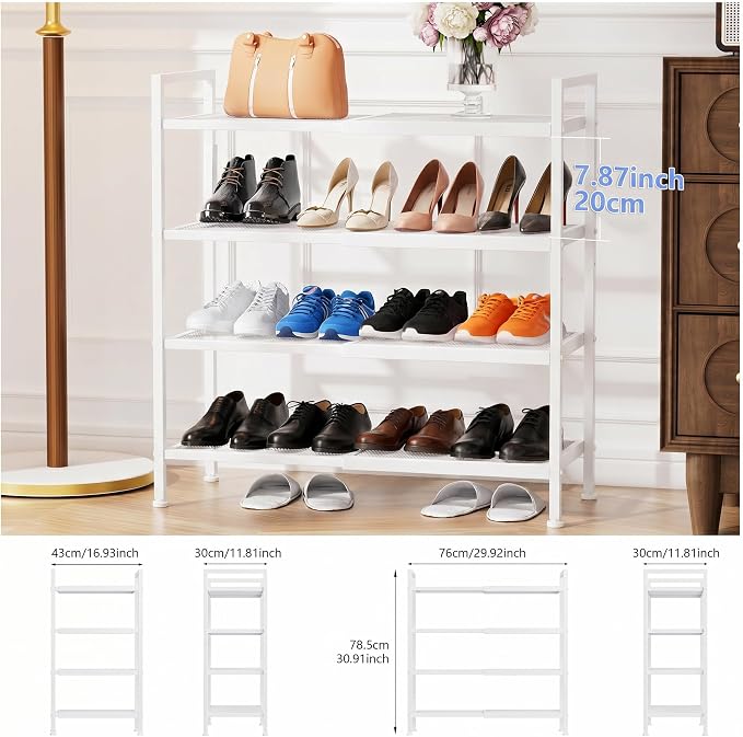 Shoe Rack, Expandable Shoe Rack for Closet, Adjustable Shoe Organizer for Entryway, Shoe Storage Organizer for Door Entrance, Garage, Bedroom (White, 4-Tier)