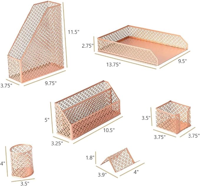 BLU MONACO | Rose Gold Desk Organizer Set | 6 Piece Metal Office Desk Organizer with Mail Sorter, Pen Cup, Sticky Note Holder, Magazine File, Card Holder, Paper Tray | Desk Organizers and Accessories