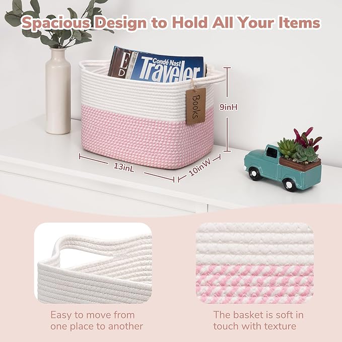 Goodpick Small Woven Storage Baskets for Organizing, Pink & White | 13 × 10 × 9 in, Reinforced Handles, Nursery, Bedroom & Shelf Organization, Toys, Books, Baby Essentials & Gift Giving