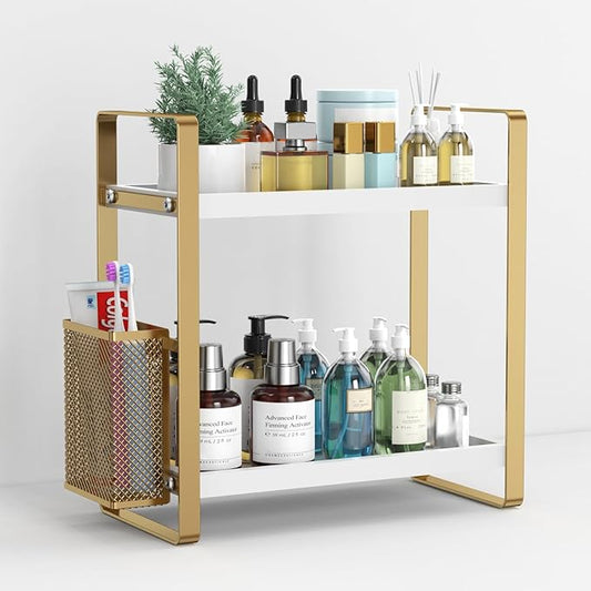 Bathroom Counter Organizer with Basket, Perfume,Makeup Organizers for Vanity,Storage Organizers for Bathroom, Kitchen, Dresser（White）