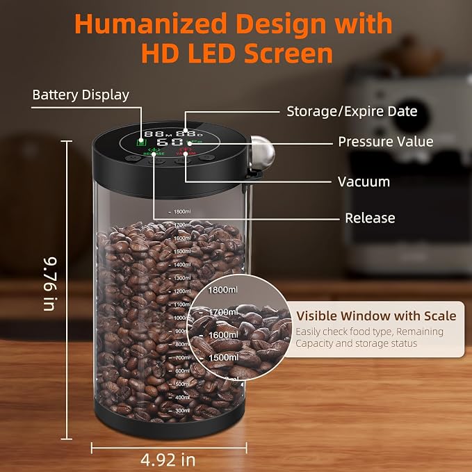 Electric Vacuum Coffee Canister, 2.0L Glass Airtight Food Storage Container | with Smart Pressure Sensor, Automatic Coffee Bean Container Rechargeable with LED Display Window for Kitchen Food Storage