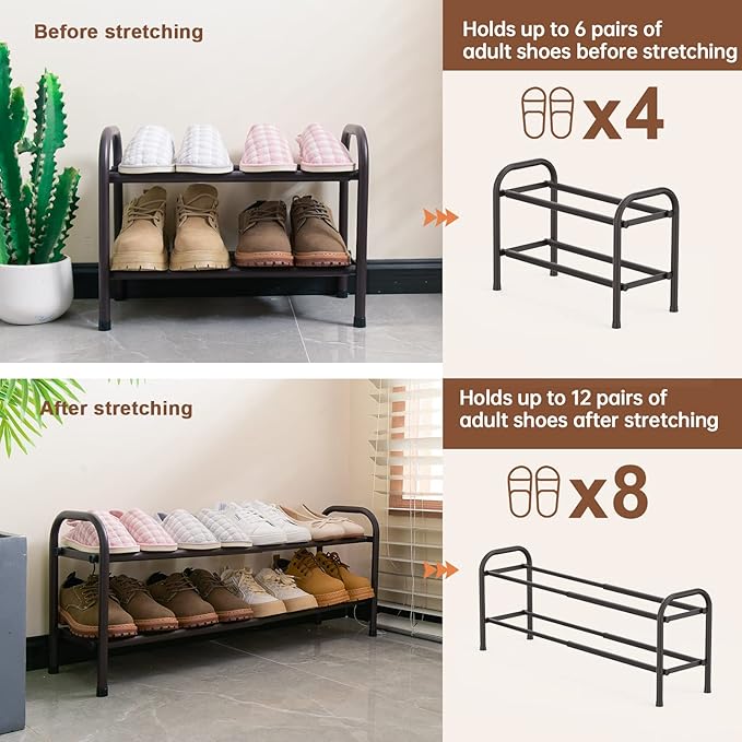 Gonfoam Expandable 2-Tier Shoe Rack for Closet and Entryway, Bronze | Tool-Free Assembly, Metal Material, Adjustable Shoe Organizer, Sturdy, Small Space Solution, Dorms, Garages, Apartments.