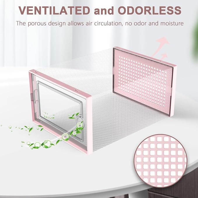 Kuject Shoe Organizers Storage Boxes for Closet, 12 Pack Clear Plastic Stackable Storage Bins with Lids, Under Bed Shoe Containers for Entryway, Drop Front, Fit up to Women's Size 10,Pink | Shoe organizers for closet & entryway, under-bed,Drop-front de...