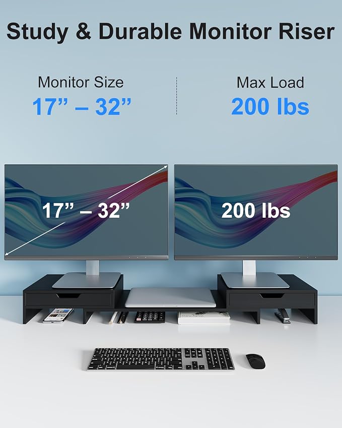Epesoware Dual Monitor Riser with Two Drawer for Desk, No Assembly Required | Premium Bamboo Dual Monitor Stand with Storage, Desk Monitor Shelf for Computer, IMac & Laptop, Desk Organizer, Black