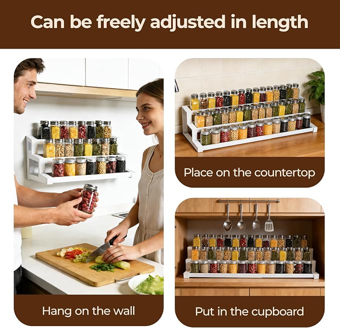Expandable Spice Rack Organizer for Cabinet, 3 Tier Metal Spice Organization,16"-29.5" Wide Adjustable Seasoning Organizer, Display Shelf, Canned Goods Organizer for Pantry Kitchen Countertop, White