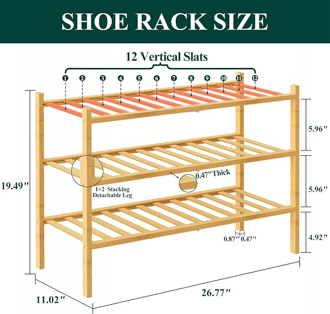 Smiry Bamboo Shoe Rack, 12 Vertical Slats, 3 Tier - 26.8" Wide, Natural | Stackable Free Standing Wooden Shoe Organizer, Wood Shoe Storage Shelf for Closet, Entryway