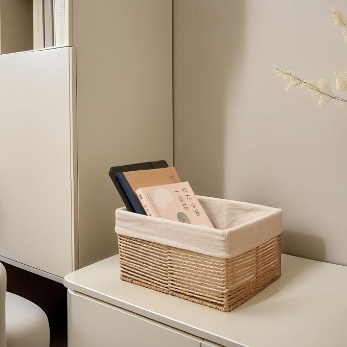 GYASVWU Hand-Woven Paper Rope Storage Baskets,Rectangular Wicker Baskets for Organizing,Decorative Woven Basket for Storage,Shelf Basket for Living Room,Storage Baskets for Pantry (Beige - Large)