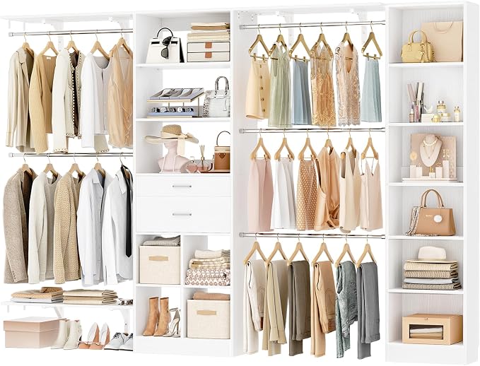 Besiost Closet System - 9.4FT/112" Closet Organizer System with Wooden Drawers,Closet Systems for Walk-In Closets with Hang Rods and Open Cabinet