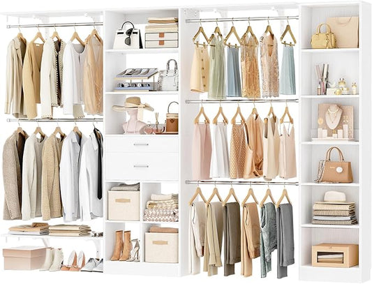 Besiost Closet System - 9.4FT/112" Closet Organizer System with Wooden Drawers,Closet Systems for Walk-In Closets with Hang Rods and Open Cabinet