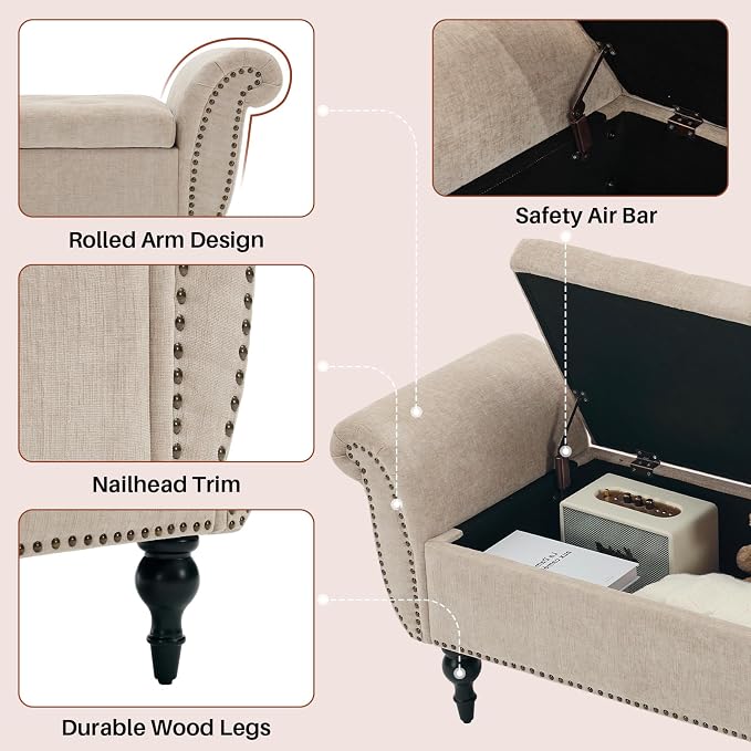 63.8" Storage Bench for Bedroom End of Bed Ottoman Chenille Light Brown | Ultra-soft Breathable Chenille Fabric Upholstered Ottoman Footrest with Rolled Arms for Bedroom Living Room Holds 700lb