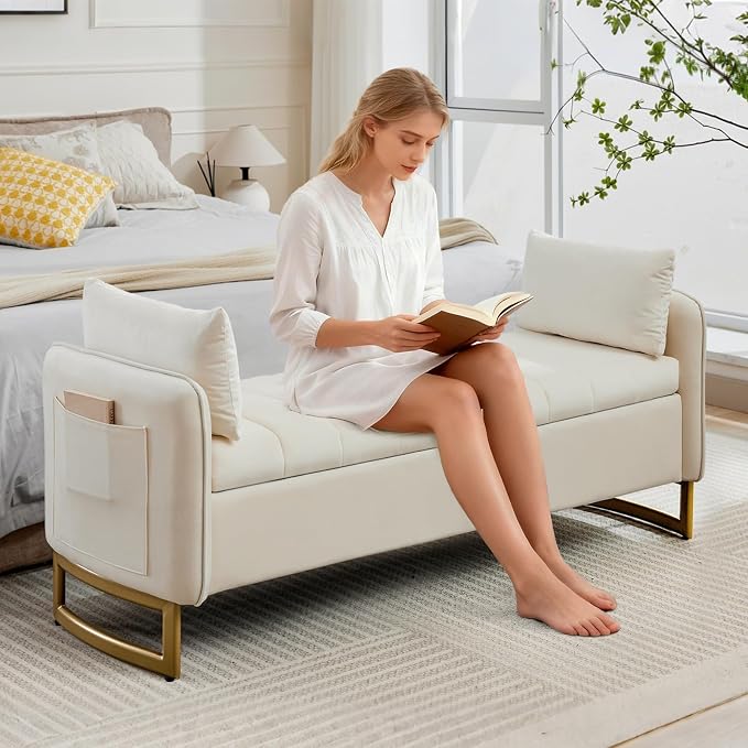 66" End of Bed Storage Bench King Size, Velvet Storage Benches for Bedroom Foot of Bed, Upholstered Storage Ottoman Bench with Golden Legs and Pillow for Living Room Window Entryway, Cream
