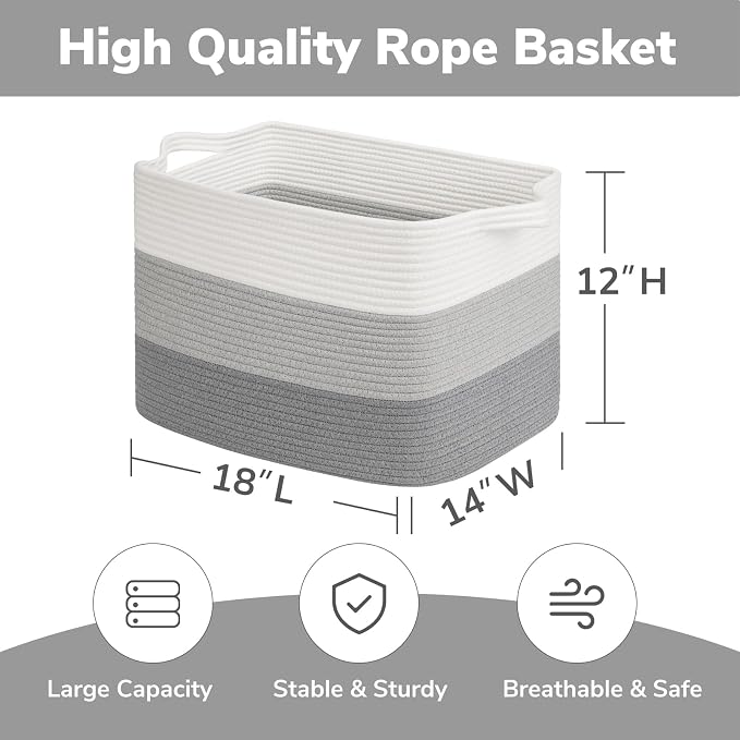 Goodpick 50L Large Woven Blanket Basket, 18" x 14" x 12", Gradient Gray | Blankets, Toys & Nursery Essentials Storage, Living Room & Bedroom Organization, Built-In Handles, Modern Home Decor