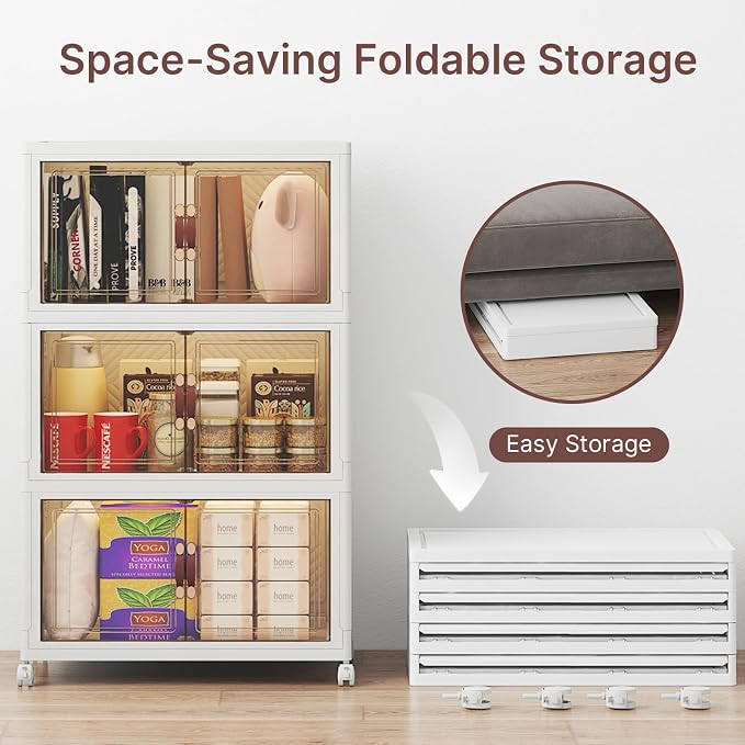 UAMFURI Stackable Storage Bins with Lids, 144QT Lockable Storage Cabinet | Folding Storage Box with Doors and Wheels, Collapsible Plastic Drawers for Home, Garage, Office