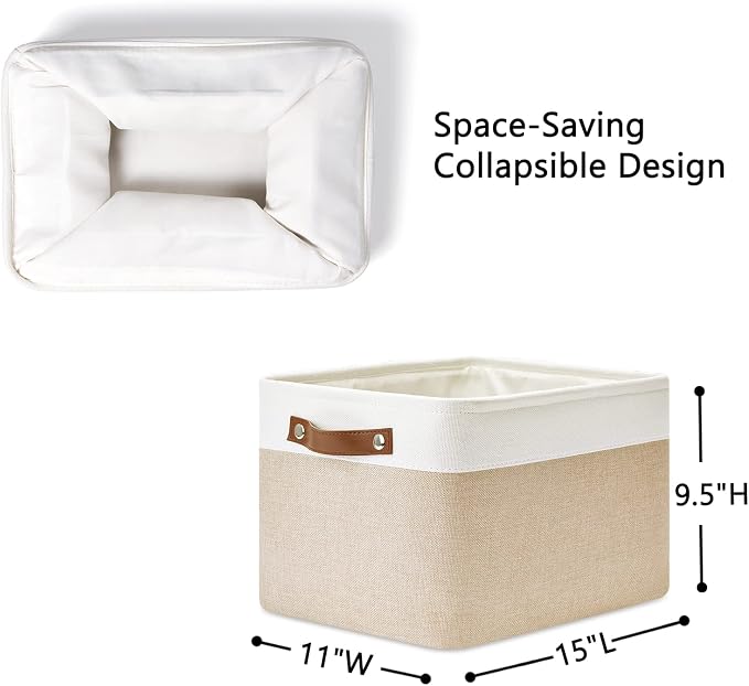 DULLEMELO Fabric Storage Bins for Laundry, Home, Foldable Storage Baskets for Shelves, Toys, Collapsible Storage Bins for Office, Closet,Bedroom(White&Khaki,L-15"x11"x9.5",4-Pack)