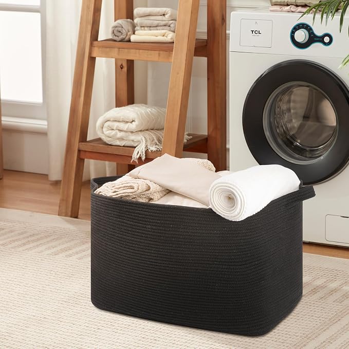 OIASKET 118L Extra Large Blanket Basket, 24.8" x 17.7" x 17.2" Woven Storage Basket for Living Room, Rectangle Nursery Blanket Storage for Toys, Towels, Dirty Clothes (Black)