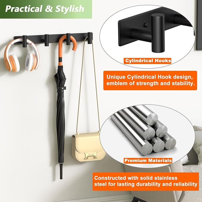 Coat Rack Wall Mounted-4 Hooks, Heavy Duty Stainless Steel Wall Hooks for Towel Coat Bag, Hat Rack Coat Hanger Coat Hooks Towel Racks for Bathroom Entryway Kitchen Hotel (Black, 2 Packs)
