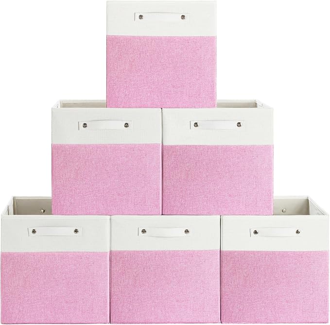 FinishingBo 13x13x13 Storage Cube Bins 6 Pack, Cube Shelf Baskets | Foldable Storage Cubes, Linen Storage Bins with Handles, Closet Organizers, White/Pink