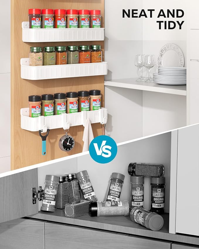 Nieifi Spice Rack Wall Mount, 4 Pack White, 2" Depth, Screw/Adhesive | Wall-Mounted with Removable Hooks Saves Counter Space, Fits 2" Deep Jars, Ideal for Kitchen Cabinets, Pantry Doors, and RVs.
