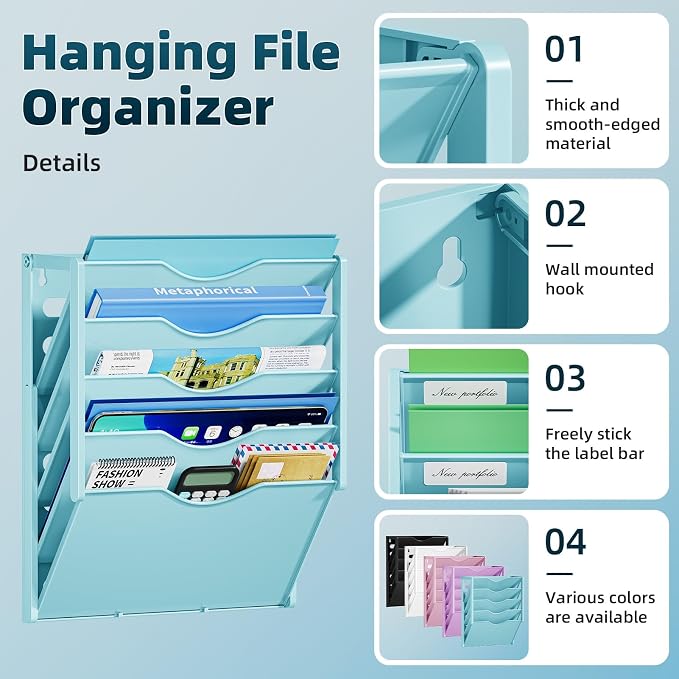 Marbrasse 5 Tier Wall File Organizer, Plastic Hanging File Holder for Mail, Magazines Paper Organizer Wall Mounted for Office Home (Blue)