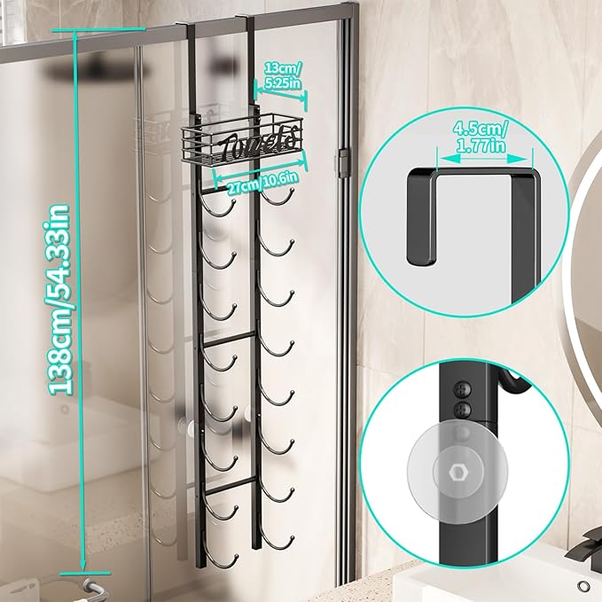 HapiRm Towel Racks for Bathroom Storage - 9 Tier Over The Door & Wall Mount Rolled Towel Storage Organizer Holder with Metal Shelf Basket for Small Bathroom, Camper, Rv - Black, Patented