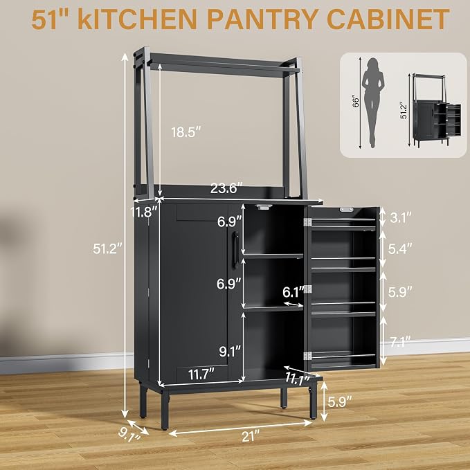 kepptory 51" Kitchen Baker's Rack with Storage, Microwave & Toaster Oven Stand, Freestanding Coffee Bar Station with Wine Glass Holder & Side Storage Shelves, Black