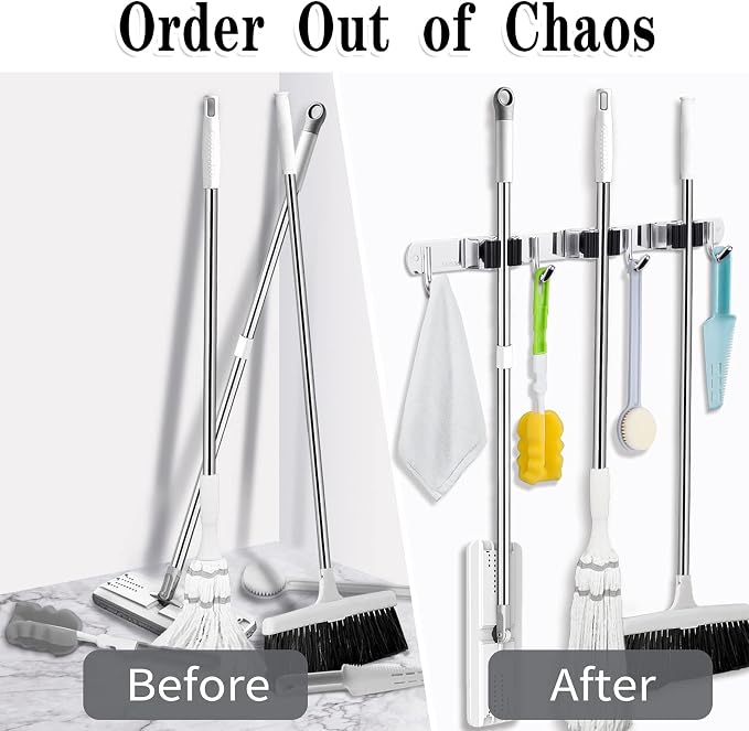 AceMining Broom Holder Wall Mount, 3 Racks 4 Hooks Heavy Duty Mop Organizer | Mop Holder Wall Mount and Broom Hanger for Garage, Laundry Room, Kitchen and Utility Storage
