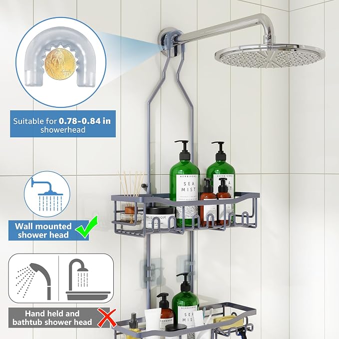 Upgraded Extended Length Shower Caddy Over Showerhead No Blocking to Showerhead, Rustproof Bathroom Organizers and Storage with Hooks Shampoo Soap Holder, Large Hanging Caddy, Grey