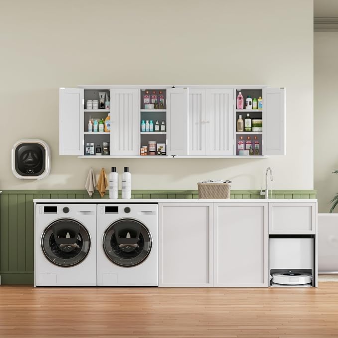 ChooChoo Laundry Cabinet with 3 Doors and Adjustable Shelves | 9.06"D x 31.1"W x 24"H, Bathroom Wall Cabinet, Cupboard, White