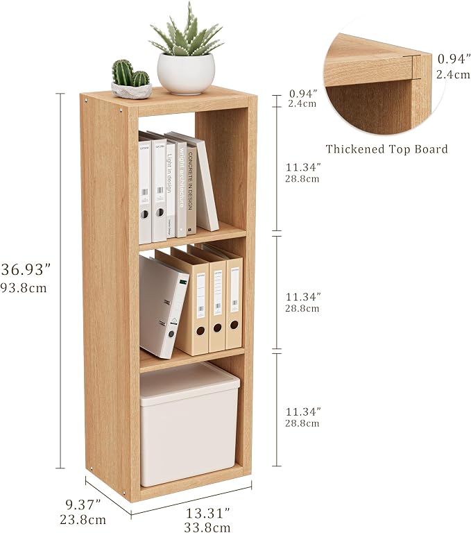 VDNEND Cube Storage Organizer Bookcase, 3 Tier Decorative 11 inch Open Back Cubical Shelf with Thickened Border, Display Bookshelf for Living Room, Home Office, Sturdy Room (Natural Oak, 3 Cube)