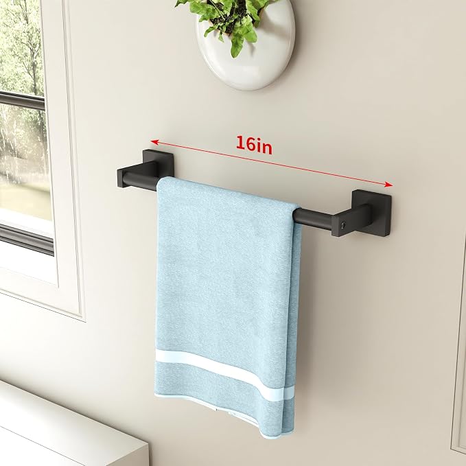MKO Towel Bar for Bathroom, 16" 2 Pack Wall Mounted Towel Rack, Black | Hand Towel Holder Rod with Heavy-Duty Stainless Steel for Bathroom Kitchen Hanger, 2 Pack Value