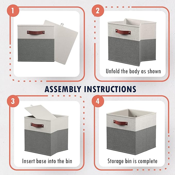 Ornavo Home 13x15x13 Foldable Fabric Storage Cube Bins, 6 Pack, White/Gray | Collapsible Linen Shelf Basket Organizer; Leather Handles; Fits Cube Storage Shelving Units