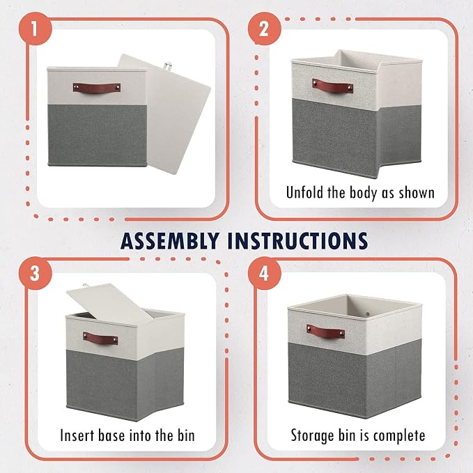 Ornavo Home 11x11 Foldable Fabric Storage Cube Bins, 6 Pack, White/Gray | Collapsible Linen Shelf Basket Organizer; Leather Handles; Ideal Cube Storage For Closet