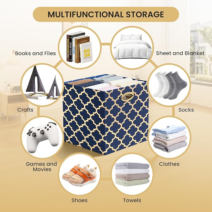 Posprica 11x11x11 Storage Cube Bins, Collapsible Storage Bins Fabric Storage Cubes Organizer Baskets Box Drawers for Shelves, Closet, Wardrobe, Bookshelf, Cabinet Blue/Gold Lantern, 4 Pack