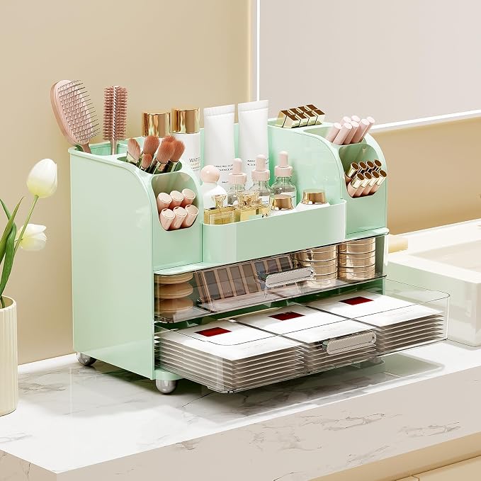 UFORU Makeup Organizer Countertop with 2 Large Drawers for Vanity Bathroom | Brush Holder, Large Capacity, Thickened Plastic, Compact Footprint, Space-Saving Design, Easy Clean, Ideal for Dorm Rooms