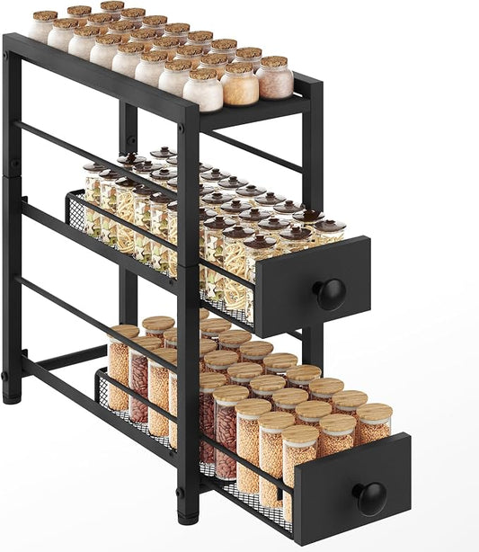 Spice Rack, 3-Tier Pull Out Spice Rack Organizer for Countertop, Narrow Kitchen Countertop Storage Shelf with 2 Drawers, for Kitchen, Cafe, Black SR02BB