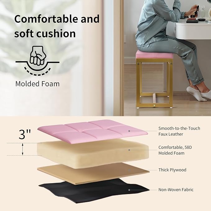 Vanity Stool, Pink Small Vanity Stools Chair, Square Cushion Makeup Chairs for Vanity, Metal Foot Stool Ottoman Seat for Bedroom Makeup Living Room, Pink & Gold