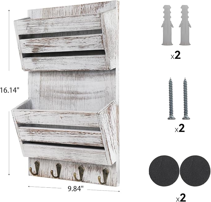 Mail Organizer Wall Mount with 4 Key Hooks, Rustic Wooden Hanging Mail Sorter Farmhouse Key Holder for Wall Decoration, 2-Slot Wall File and Magazines Bill Letter Holder