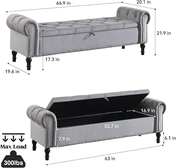 Velvet Storage Bench 67 Inch Upholstered Tufted Ottoman Bench with Arms King Size End of Bed Bench for Bedroom Living Room Entryway Light Grey