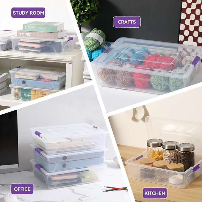 novelinks 10 Quart Clear Plastic Storage Containers with Lids (4 Pack) | Storage Bins with Lids, Stackable Small Clear Bins, Craft Storage Box, Paper Storage, Under Bed Storage Bins, Pencil Box