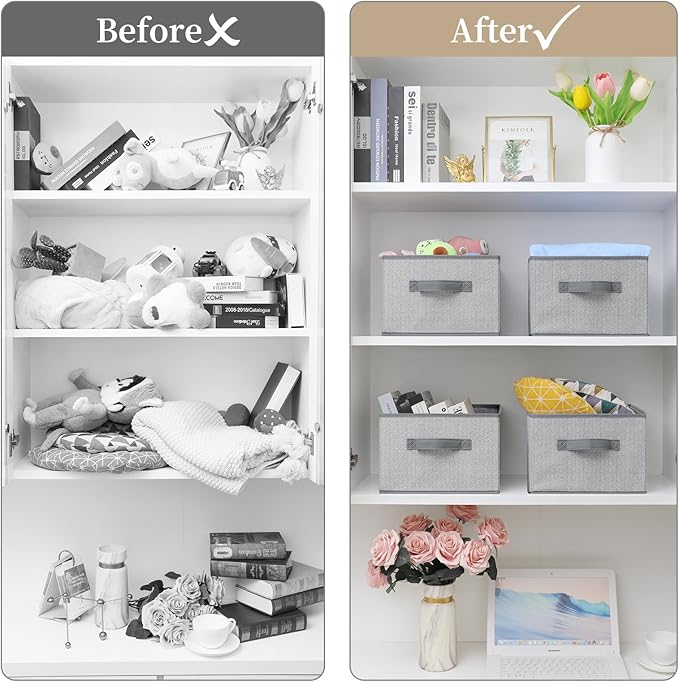 Storage Baskets, 11-Inch Woven Fabric Bins, Storage Cubes with Reinforced Handles, Organizer Bins for Closet Shelves, Foldable, for Toys, Clothes (3PCS/Grey-11*11*7.8inch)