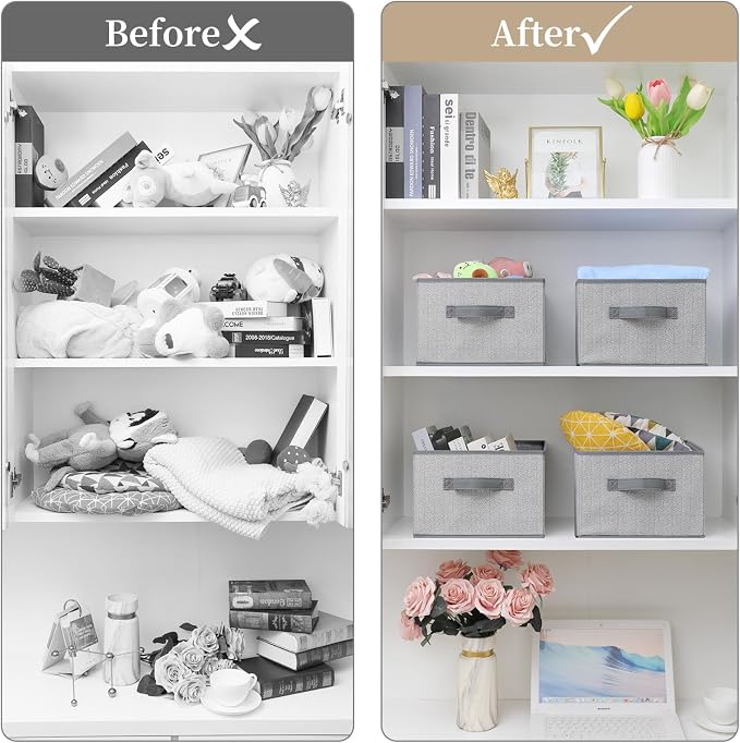 Storage Baskets, 11-Inch Woven Fabric Bins, Storage Cubes with Reinforced Handles, Organizer Bins for Closet Shelves, Foldable, for Toys, Clothes (4PCS/Grey-11*11*7.8inch)