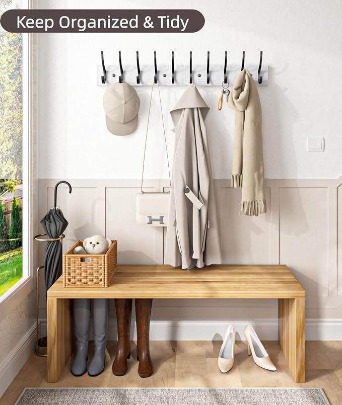 Optish 2 Pack Wooden Coat Rack Wall Mount, 16.1" Rustic Coat Hanger Hooks with 10 Double Hooks, Wall Coat Rack for Hat, Clothes, Bags, Jacket, Brown, White