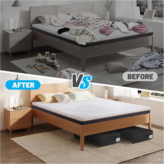 Large Sturdy Under Bed Storage with Wheels, 2 Pack 50L Rolling Underbed Storage Bins, Under Bed Containers Drawer with Metal Bottom Support, Bedroom Organizer with Lids for Clothes, Shoes, Blankets