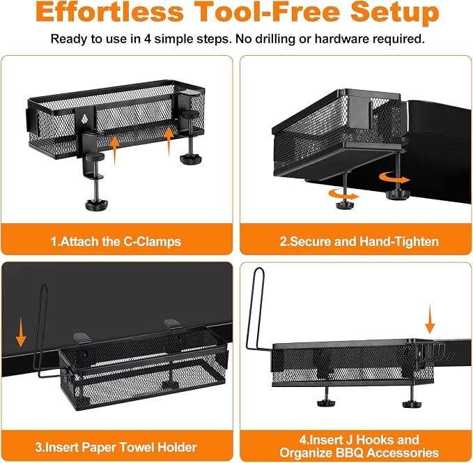 Griddle Caddy Side Shelf Organizer Grill Tool Holder (Black) | Steel Grill Tool Holder with Paper Towel Rack No-Drill Outdoor Cooking Accessories Storage for Flat Top Grills & BBQ Stations