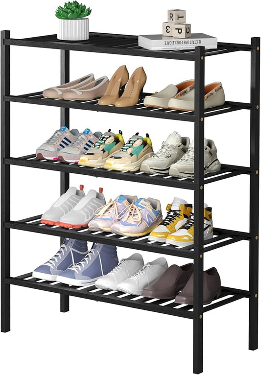 ROMGUAR CRAFT 5 Tier Bamboo Shoe Rack for Closet Free Standing Wood Shoe Shelf for Entryway Small Space Stackable 27"x11"x33" (Black)
