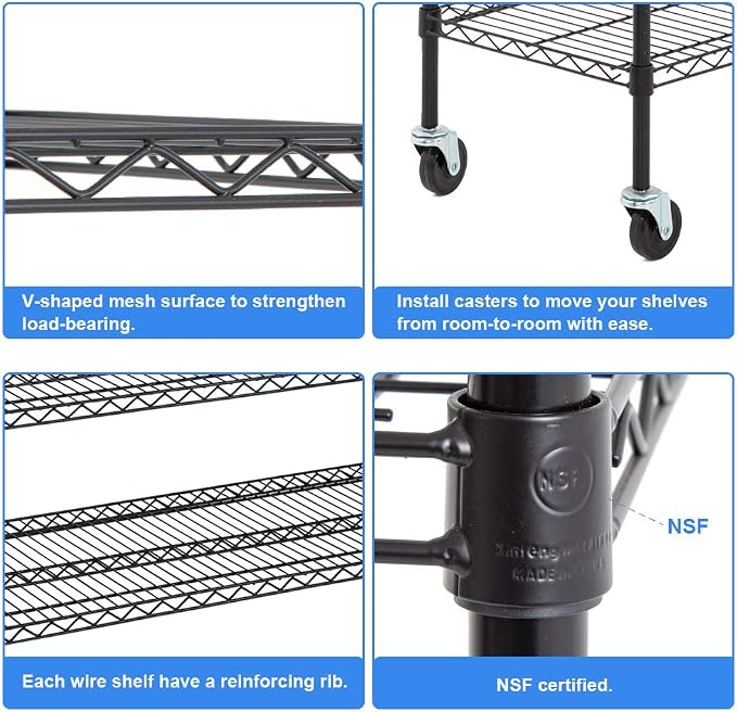 BestOffice | 6-Tier Wire Shelf with Wheels | 18" x 48" x 78" | Black | Storage Shelves with Adjustable Racks, Holds upto 600 lbs | Rust-Resistant, No-Tool Assembly | For Home, Garage