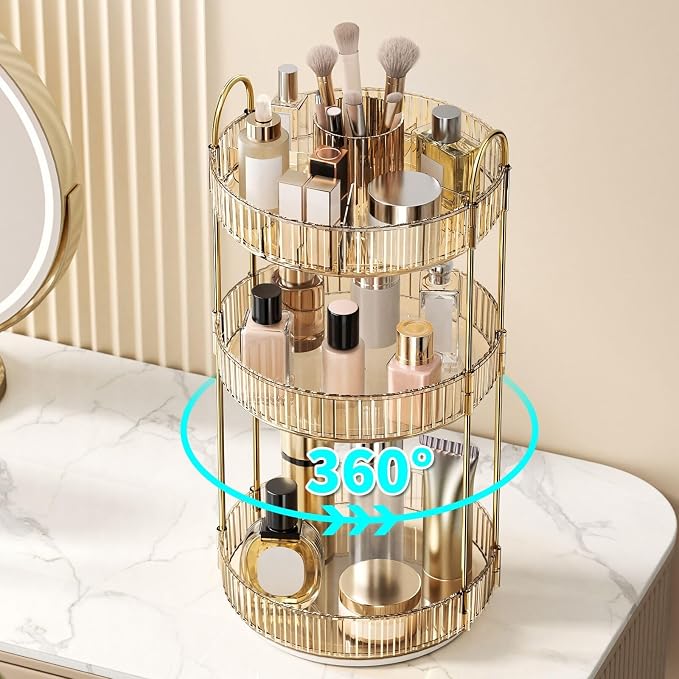360° Rotating Makeup Organizer, Large-Capacity Skincare Make Up Storage 3 Tier Perfume Organizers Cosmetic Dresser Organizer with Makeup Brush Holder, Fits Bedroom, Bathroom, Vanity Shelf Countertop