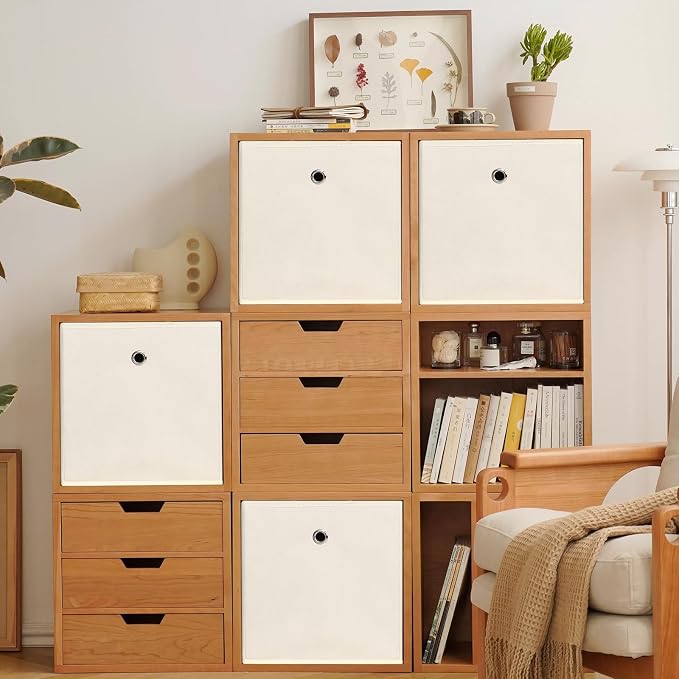 Foldable Storage Cubes Bins ,11 Inch Cloth Storage Cube Fabric Storage Box Cubes Organizer Baskets with Handles for Home Organizer Set of 8 (Creamy-White)